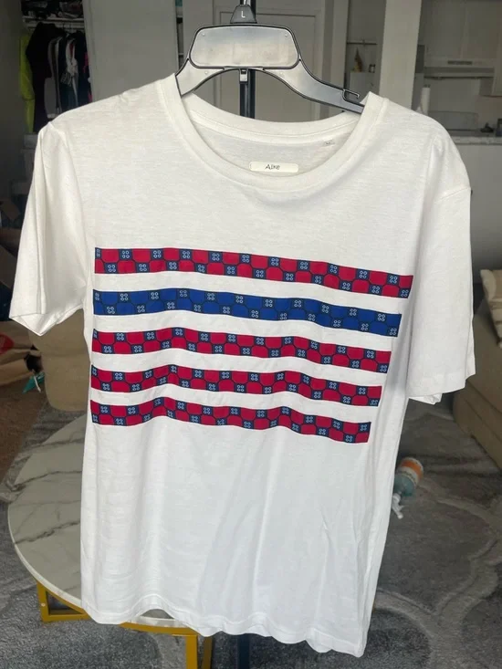 Aike White African Wax Print Stripe Graphic Tee | Size L - Picture 4 of 8